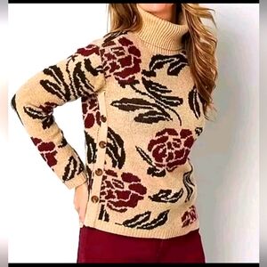 St Johns Bay Women's Floral Pullover Turtleneck Long Sleeve Sweater PS